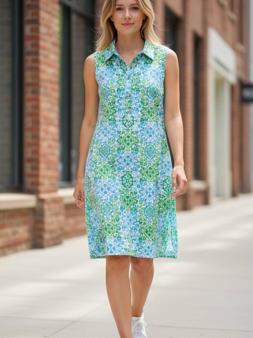 Talbots Sleeveless Printed Shift Dress XS – Blue & Green Summer Dress